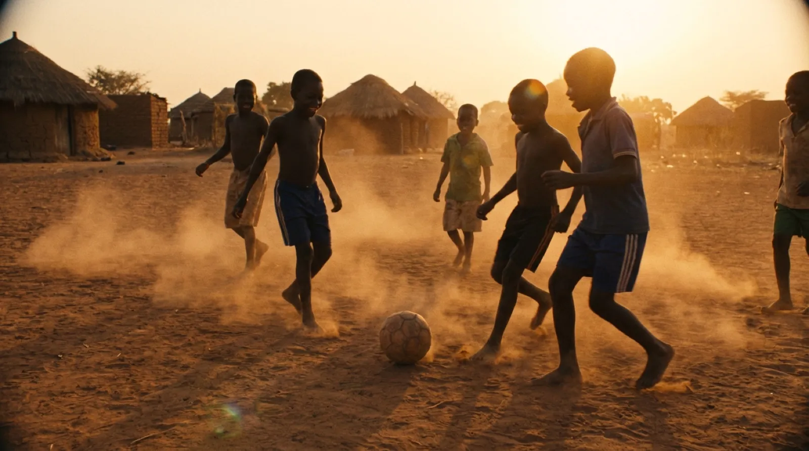 Children playing football on a dusty field at sunset