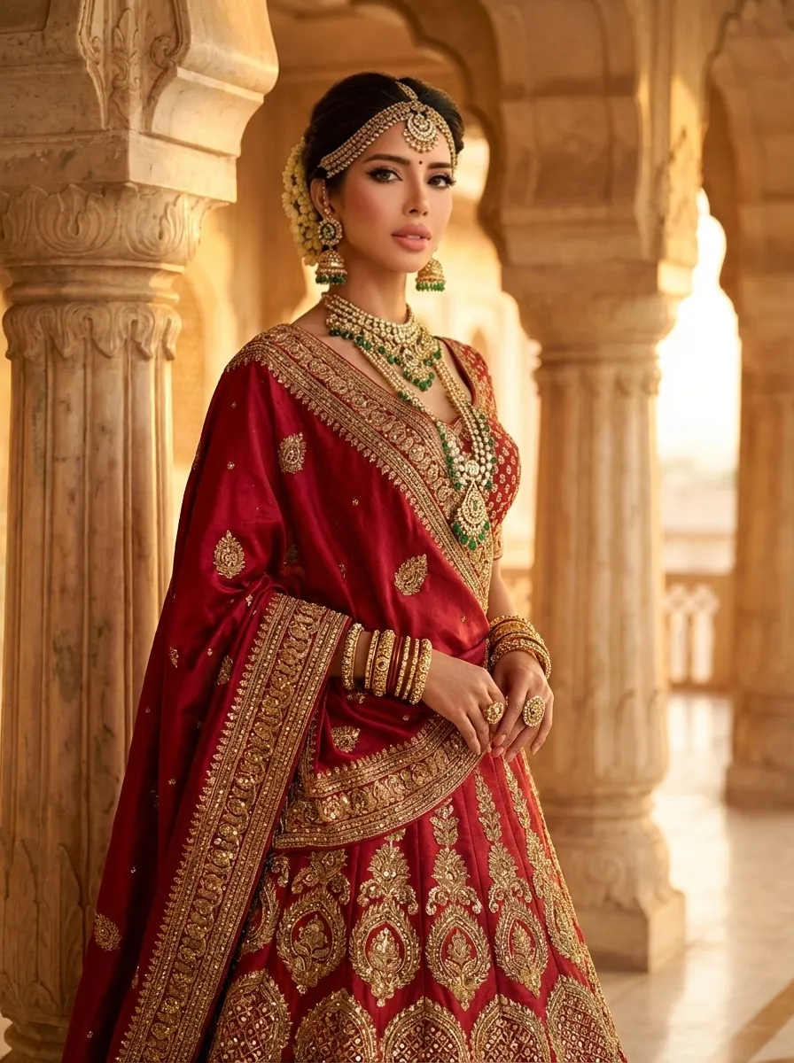 Rani Vanouska T. Modely in traditional red attire beneath carved arches