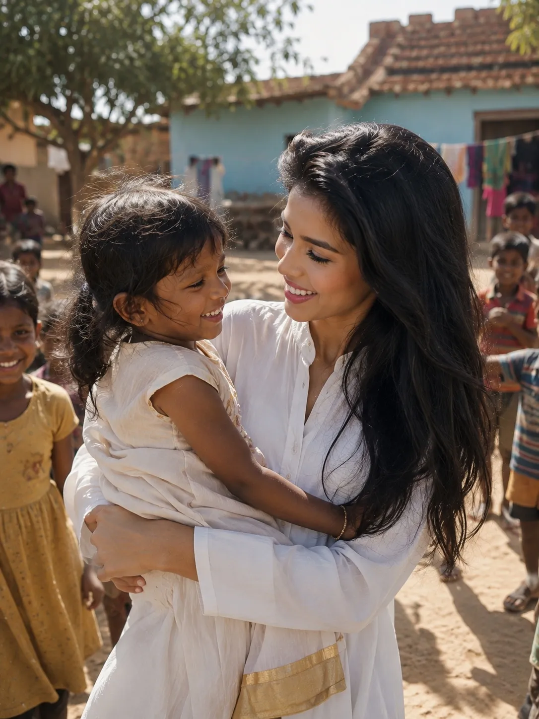 Rani Vanouska T. Modely in white, carrying a smiling young girl